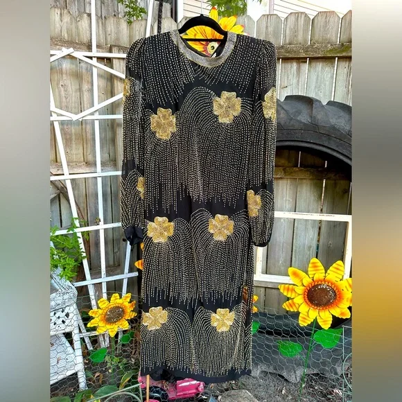Oleg Cassini | Dresses | Vintage Oleg Cassini Beaded Silk Dress 0silk Sz 12  | Poshmark